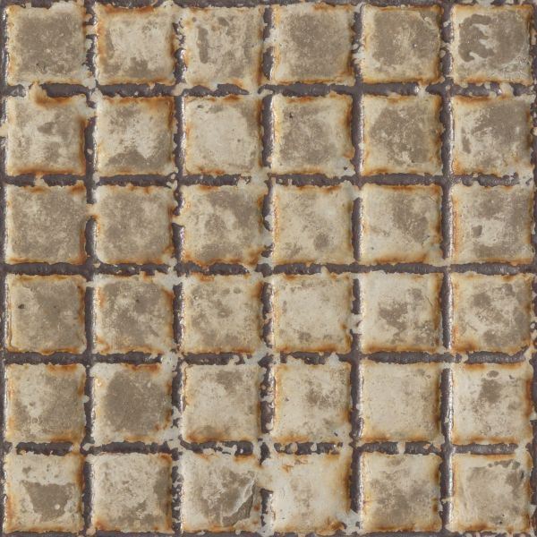 Old, seamless texture of metal tread with gridded pattern on worn surface.
